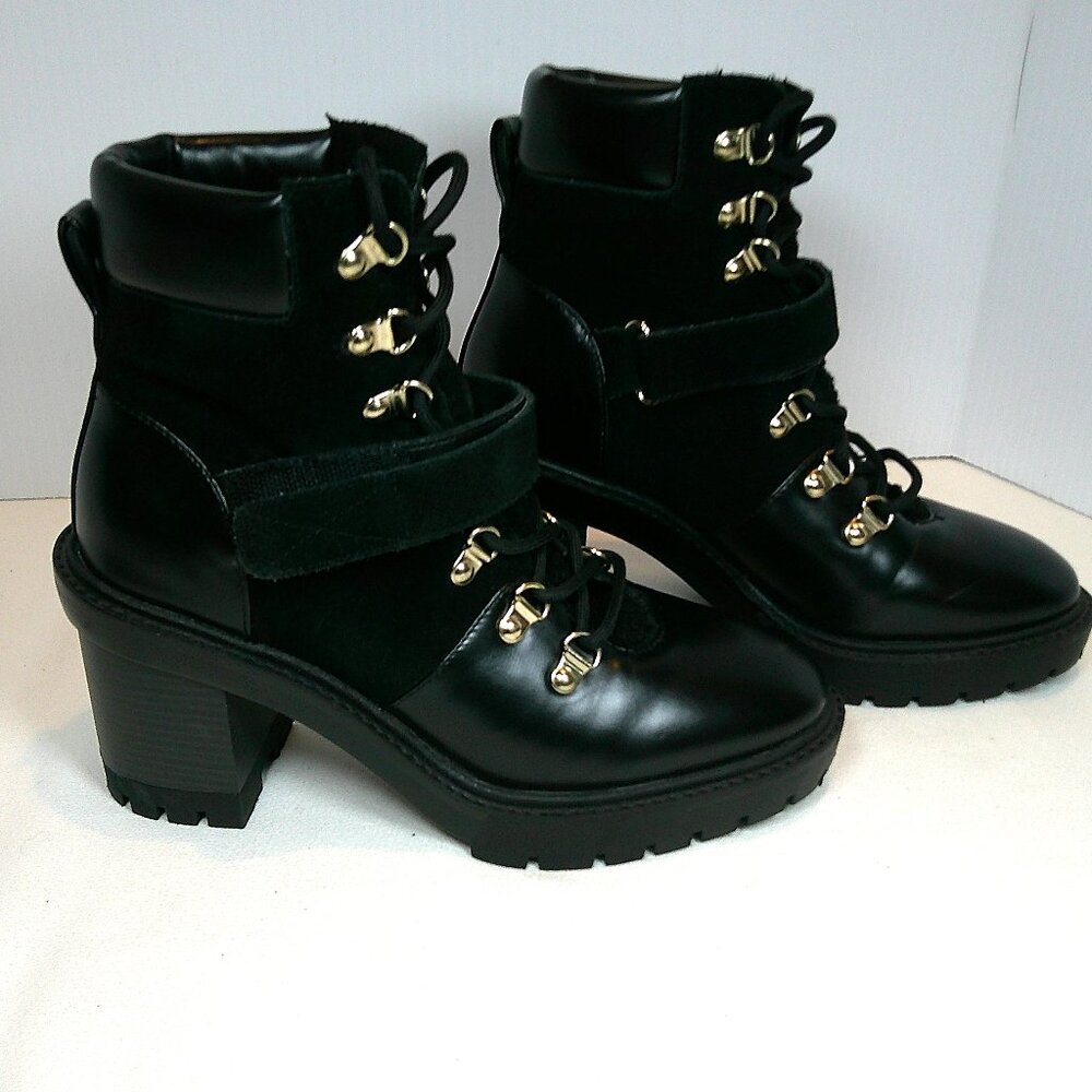 Kensie Zahara Black Combat Boots Lug Sole Lace Up Chunky Heeled Hiker Bootie 7.5